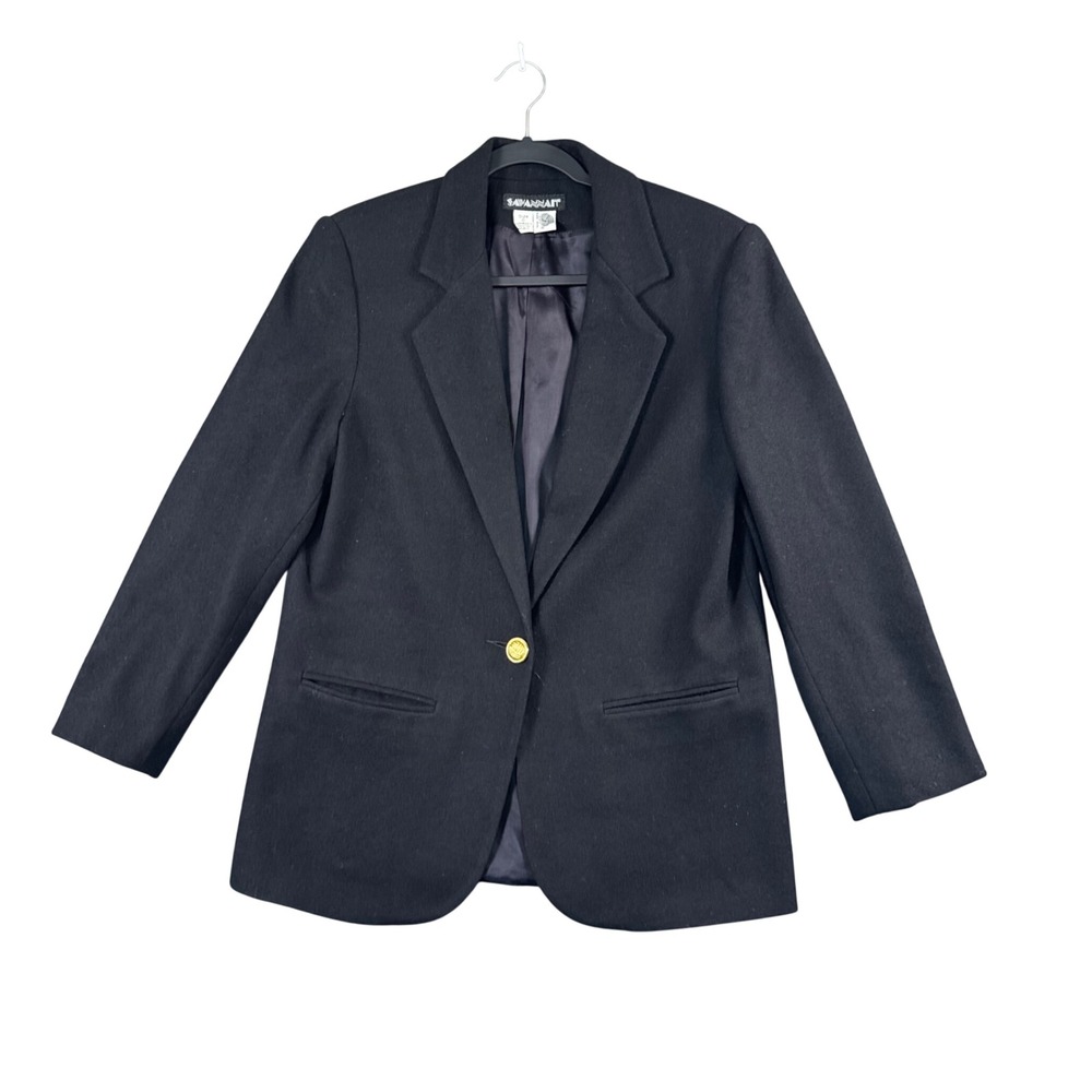 VTG Savannah Black‎ Wool Blazer Gold Button Quiet Luxury Power Tailored Size 6